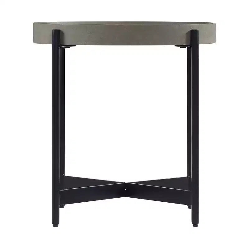 Tavolino rotondo 20" Brookline in legno con rivestimento in cemento Grigio cemento - Alaterre Furniture: piano chic a vassoio, robusto telaio a X