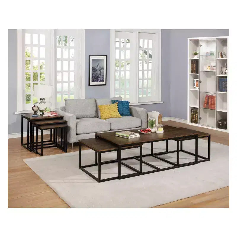 Tavolino da Caffè da 137 cm in Legno di Acacia Arcadia con Tavolini Nido Finitura Moka Anticata - Alaterre Furniture