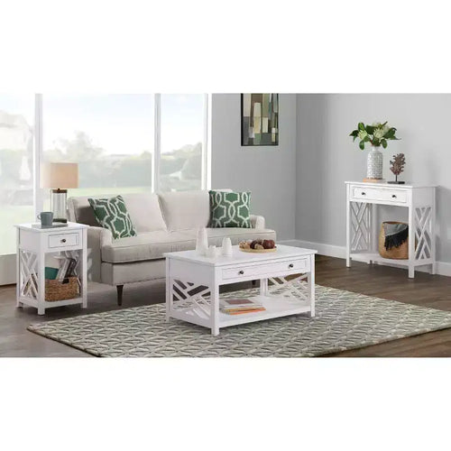 Set 3 pezzi rettangolari di tavolini da caffè, tavolini laterali e consolle da 36" Middlebury con cassetti bianco - Alaterre Furniture
