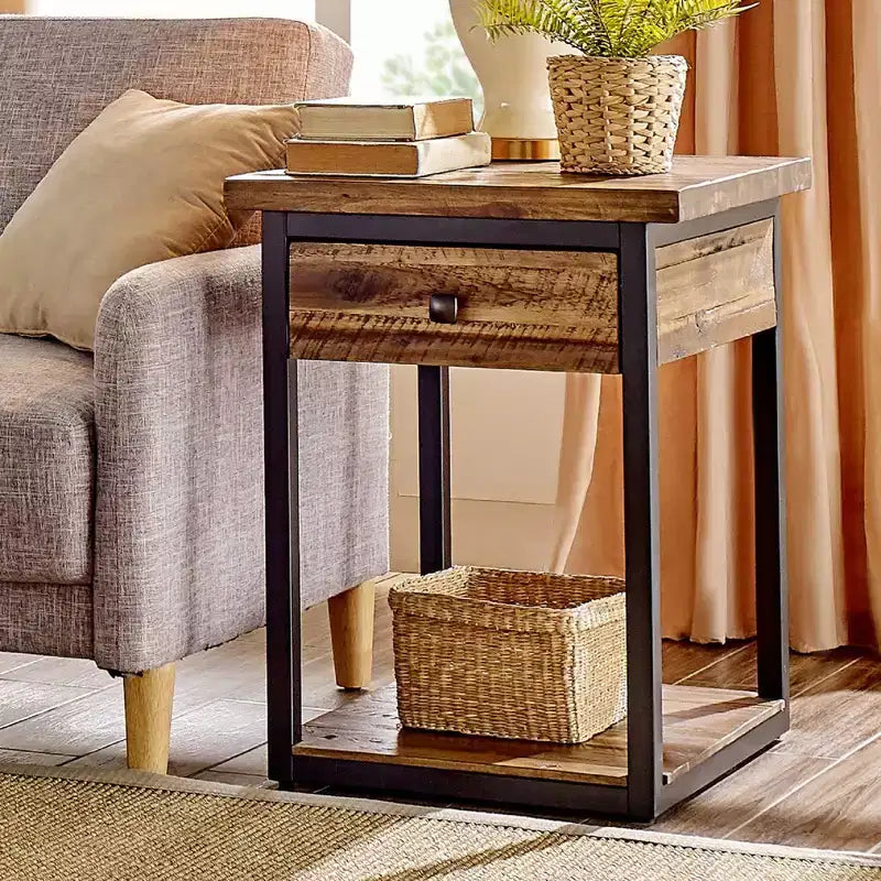 Tavolino da caffè in legno rustico Claremont e 2 tavolini laterali neri - Alaterre Furniture: Set da 3 pezzi con ripiano e cassetti