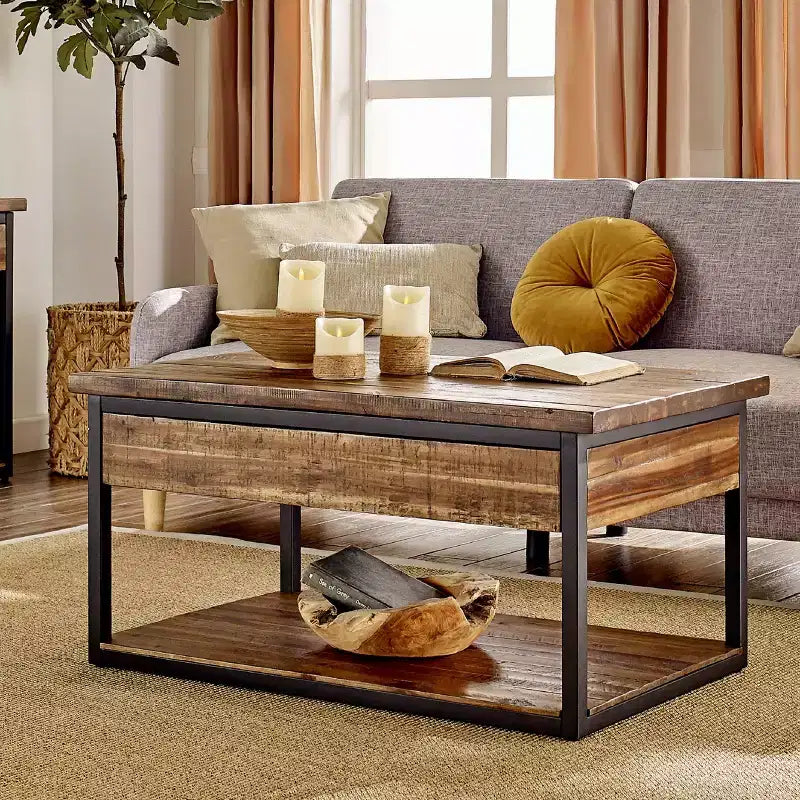 Tavolino da caffè in legno rustico Claremont e 2 tavolini laterali neri - Alaterre Furniture: Set da 3 pezzi con ripiano e cassetti