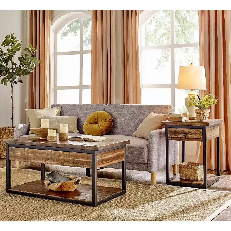 Tavolino da caffè in legno rustico Claremont e 2 tavolini laterali neri - Alaterre Furniture: Set da 3 pezzi con ripiano e cassetti