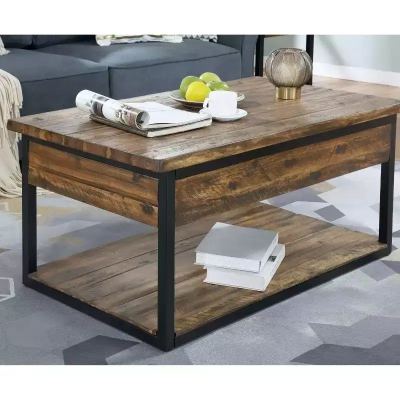 Tavolino da caffè in legno rustico Claremont e 2 tavolini laterali neri - Alaterre Furniture: Set da 3 pezzi con ripiano e cassetti