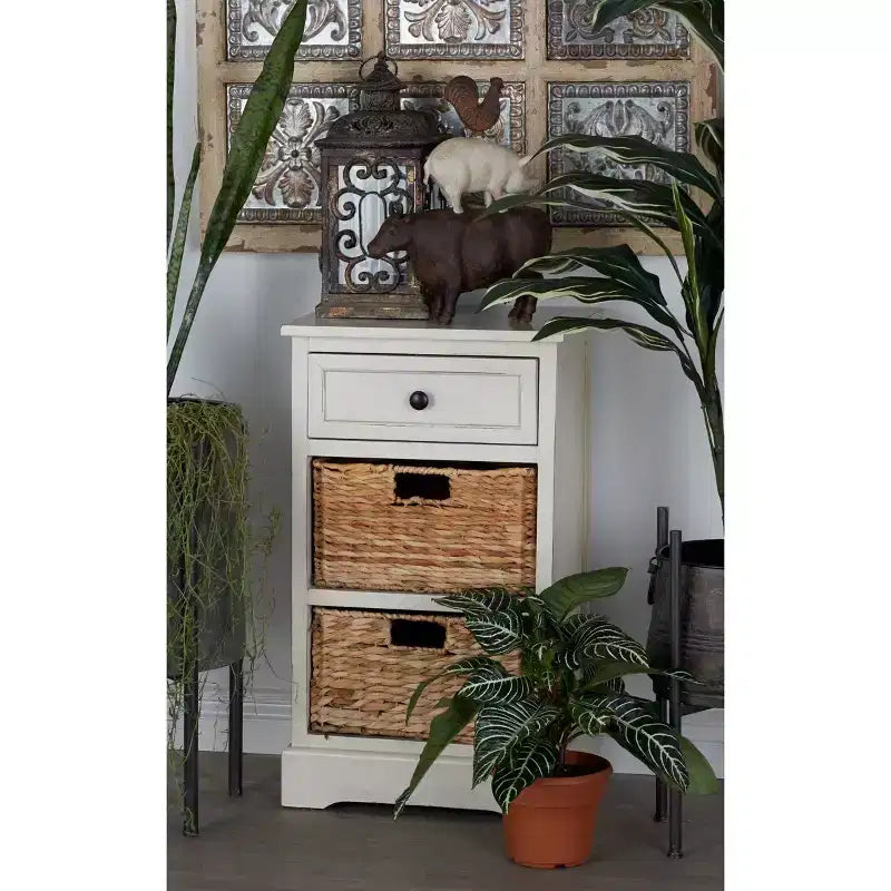 Tavolino in Legno e Vimini Stile Rustico Bianco - Olivia & May: Mobile Contenitore con 3 Cassetti