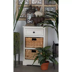 Tavolino in Legno e Vimini Stile Rustico Bianco - Olivia & May: Mobile Contenitore con 3 Cassetti