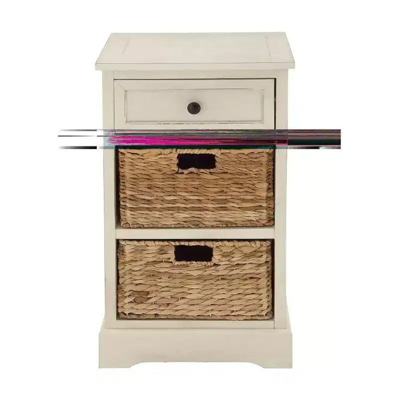Tavolino in Legno e Vimini Stile Rustico Bianco - Olivia & May: Mobile Contenitore con 3 Cassetti