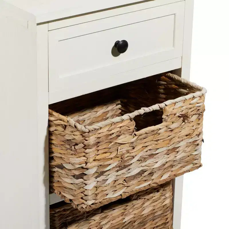 Tavolino in Legno e Vimini Stile Rustico Bianco - Olivia & May: Mobile Contenitore con 3 Cassetti