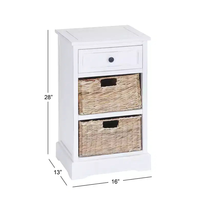 Tavolino in Legno e Vimini Stile Rustico Bianco - Olivia & May: Mobile Contenitore con 3 Cassetti