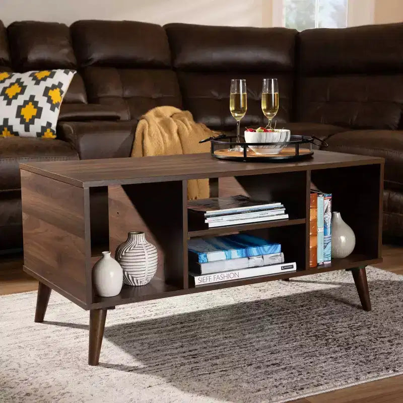 Tavolino da Caffè Linas Wood Noce - Baxton Studio: Moderno di Metà Secolo, Scaffali Aperti, Rettangolare, Mobili da Soggiorno