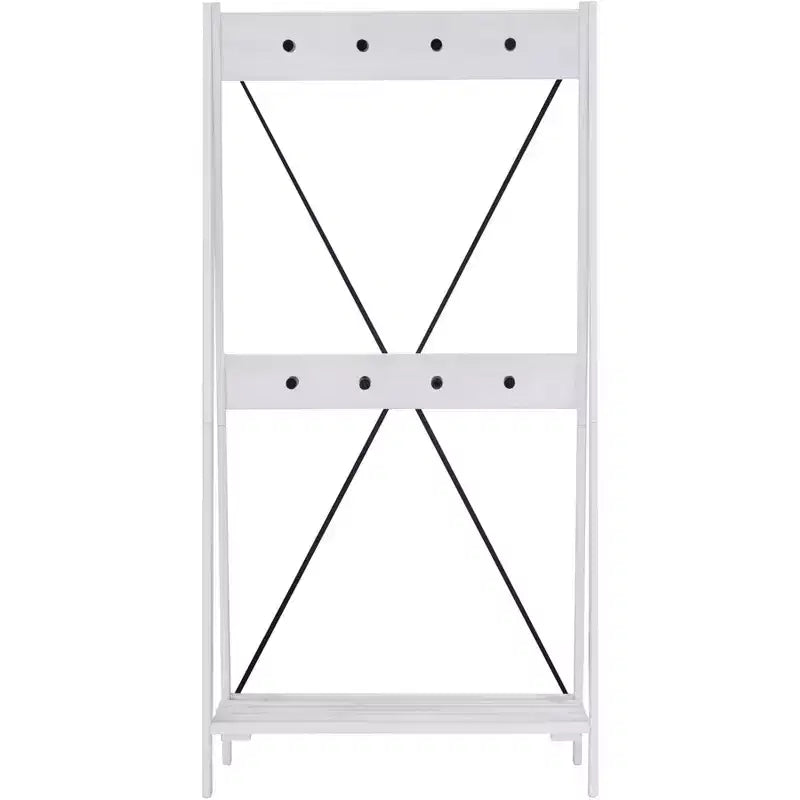 68" Appendiabiti da Ingresso Angolare con Schienale a X in Legno Massello Bianco - Saracina Home: Struttura in Pino, Ganci in Metallo, Ripiano a Doghe