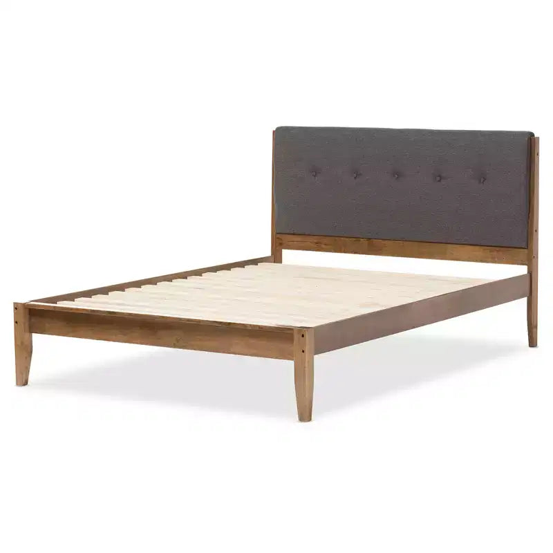 Letto a Piattaforma King Leyton in Tessuto Stile Moderno di Metà Secolo Grigio/Marrone Noce - Baxton Studio: Struttura in Legno di Gomma, Nessuna Rete a Molle Necessaria