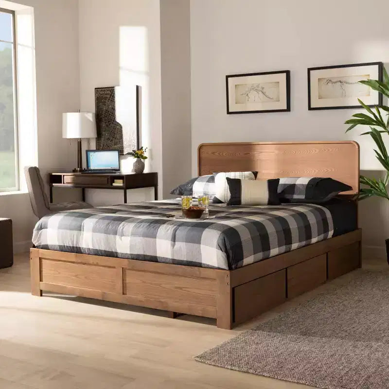 Letto contenitore con piattaforma a 3 cassetti Eleni Modern Wood Noce/Marrone - Baxton Studio