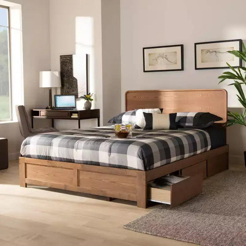 Letto contenitore con piattaforma a 3 cassetti Eleni Modern Wood Noce/Marrone - Baxton Studio