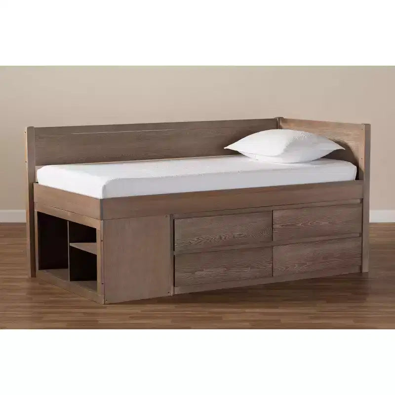 Letto contenitore Twin 4 cassetti Levon in legno rovere anticato - Baxton Studio