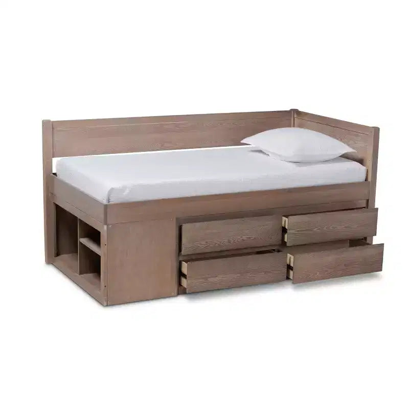 Letto contenitore Twin 4 cassetti Levon in legno rovere anticato - Baxton Studio
