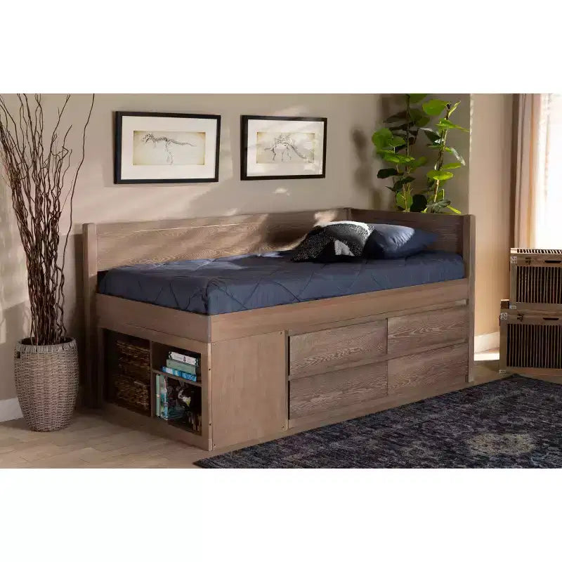 Letto contenitore Twin 4 cassetti Levon in legno rovere anticato - Baxton Studio