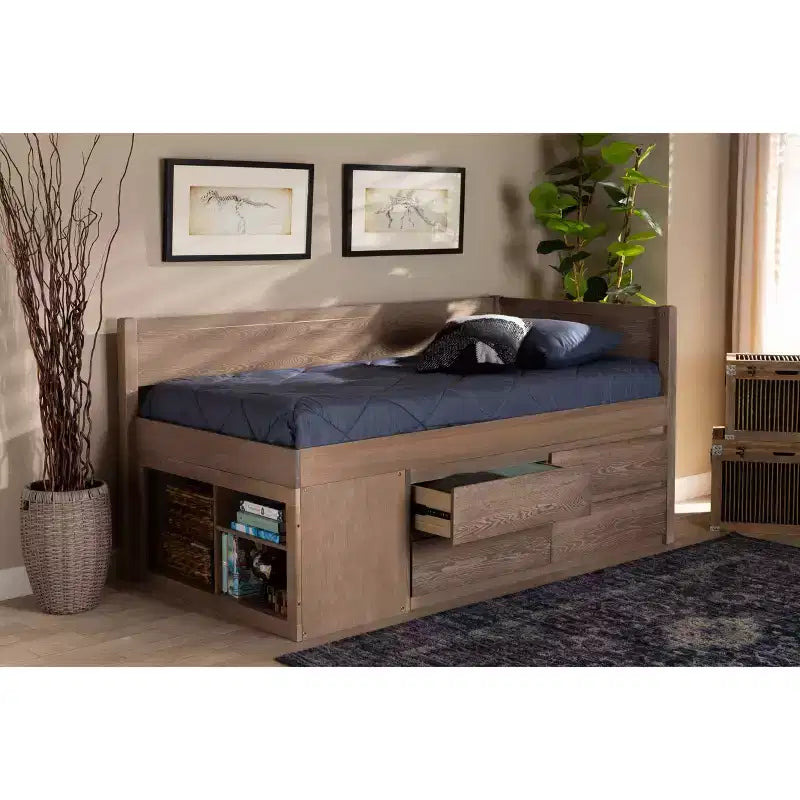 Letto contenitore Twin 4 cassetti Levon in legno rovere anticato - Baxton Studio