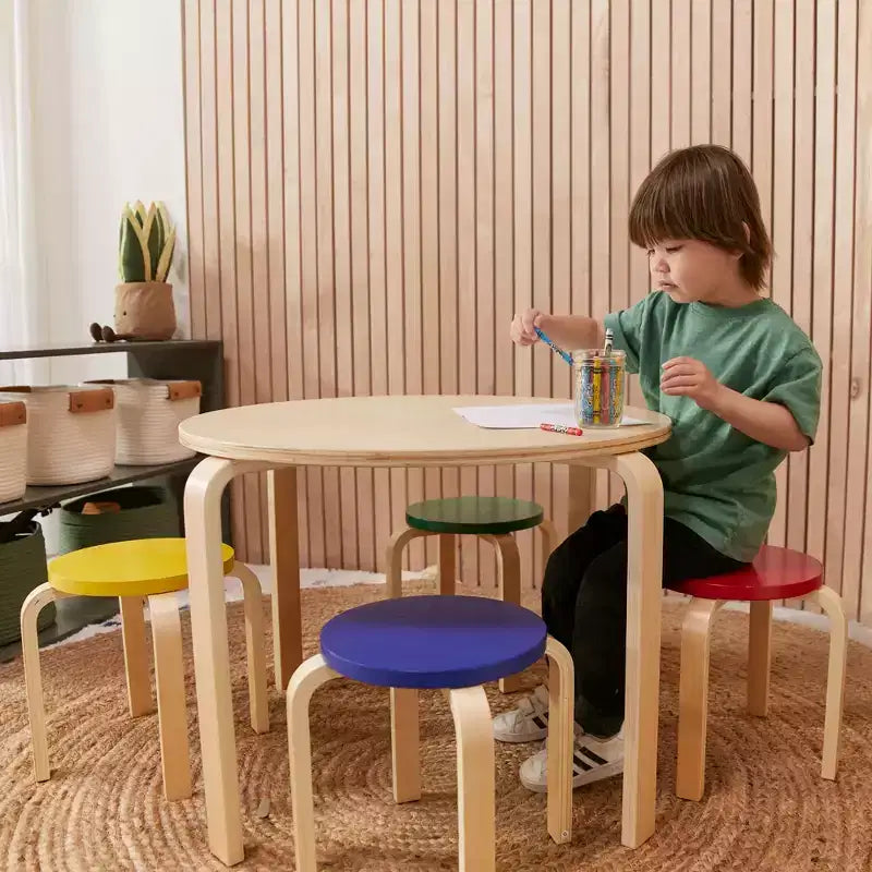 ECR4Kids Tavolo e Sgabelli Rotondi in Legno Curvo, Mobili per Bambini, 5 Pezzi