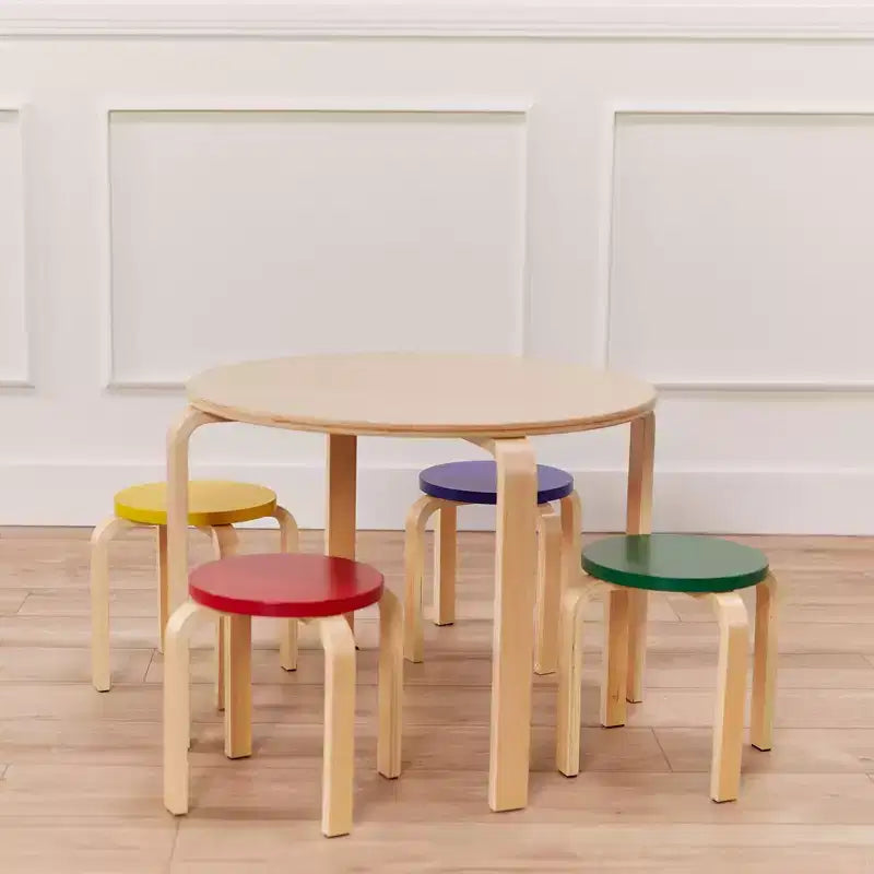 ECR4Kids Tavolo e Sgabelli Rotondi in Legno Curvo, Mobili per Bambini, 5 Pezzi