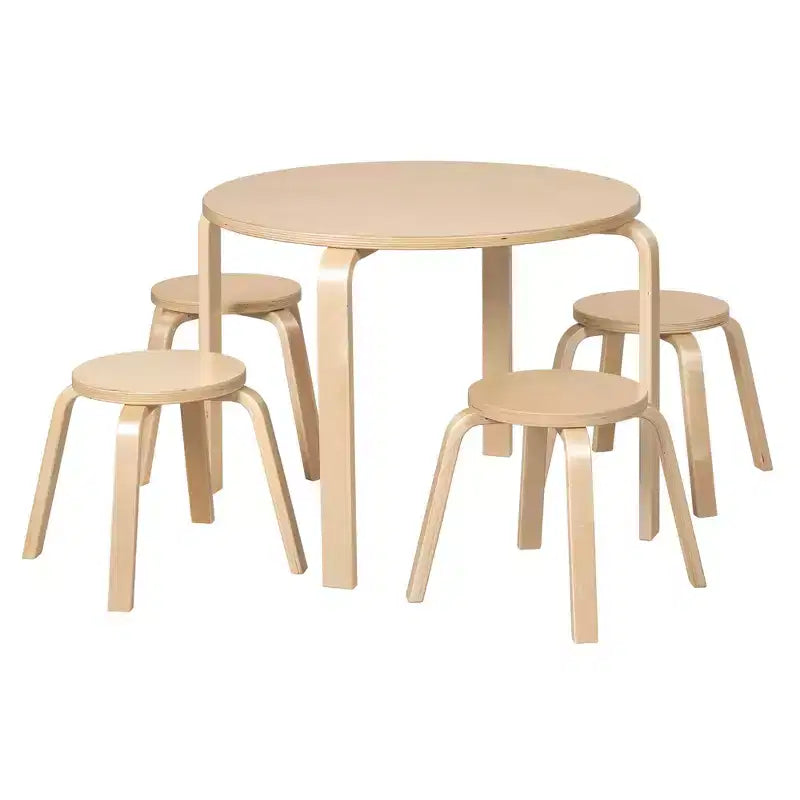 ECR4Kids Tavolo e Sgabelli Rotondi in Legno Curvo, Mobili per Bambini, 5 Pezzi