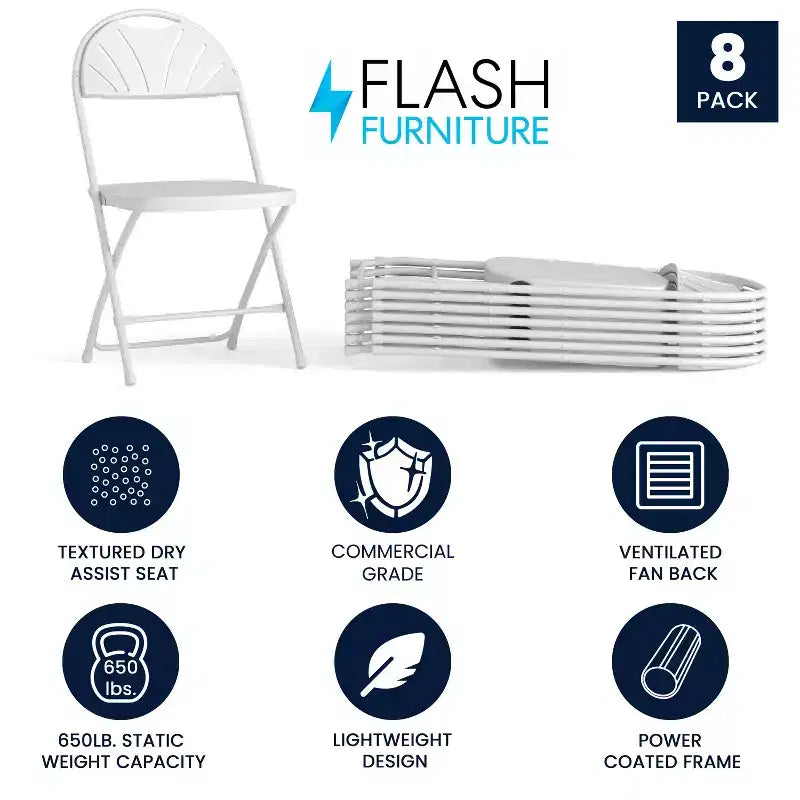 Flash Furniture Confezione da 8 sedie pieghevoli HERCULES Series con schienale a ventaglio in plastica, capacità 295 kg