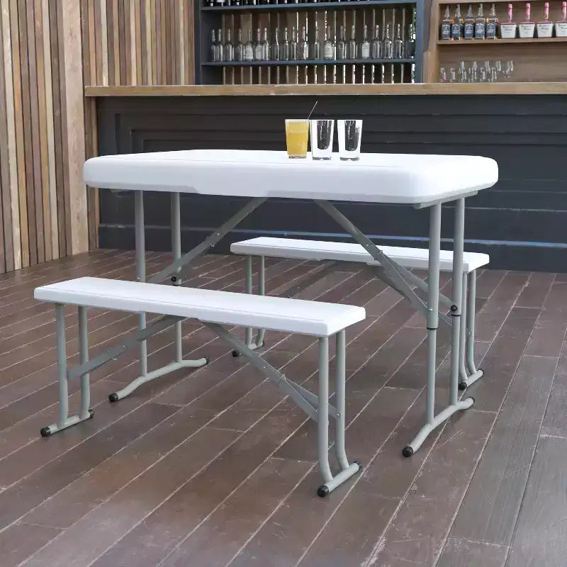 Flash Furniture Set Tavolo e Panca Pieghevoli Portatili in Plastica da 3 Pezzi