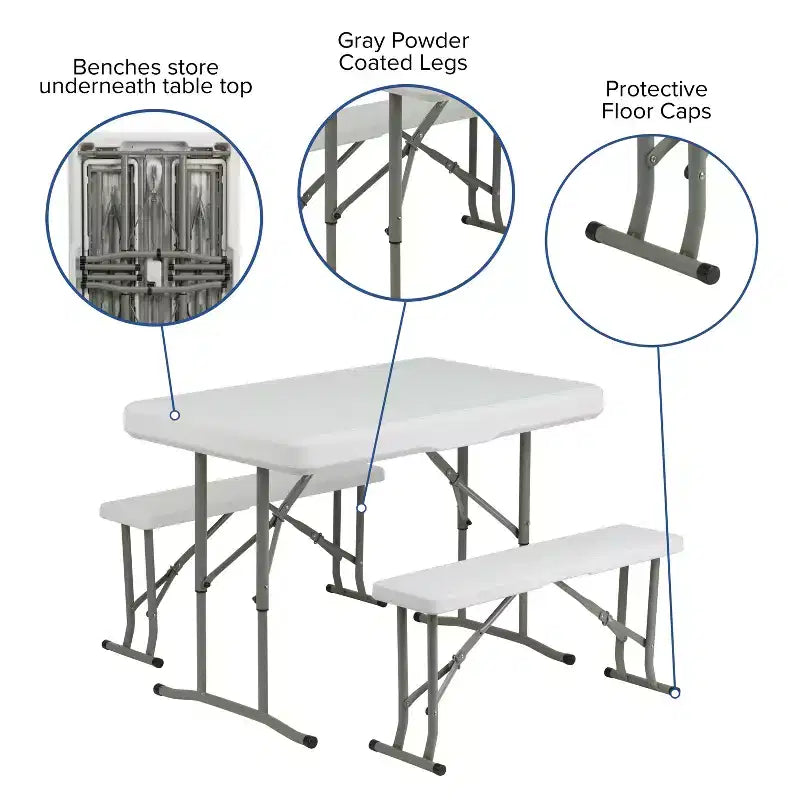 Flash Furniture Set Tavolo e Panca Pieghevoli Portatili in Plastica da 3 Pezzi