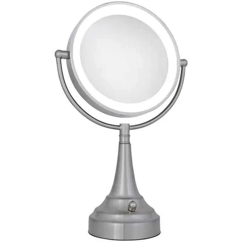 Specchio ingranditore da bagno rotondo a LED bifacciale con finitura nichel satinato Zadro