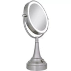 Specchio ingranditore da bagno rotondo a LED bifacciale con finitura nichel satinato Zadro