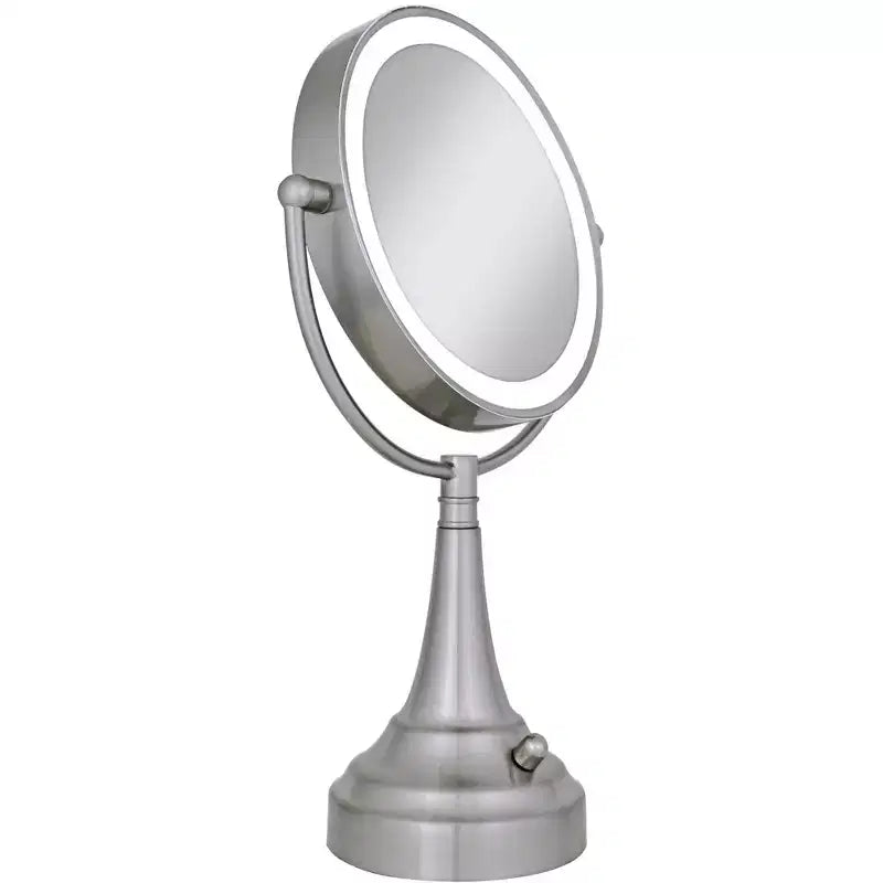 Specchio ingranditore da bagno rotondo a LED bifacciale con finitura nichel satinato Zadro