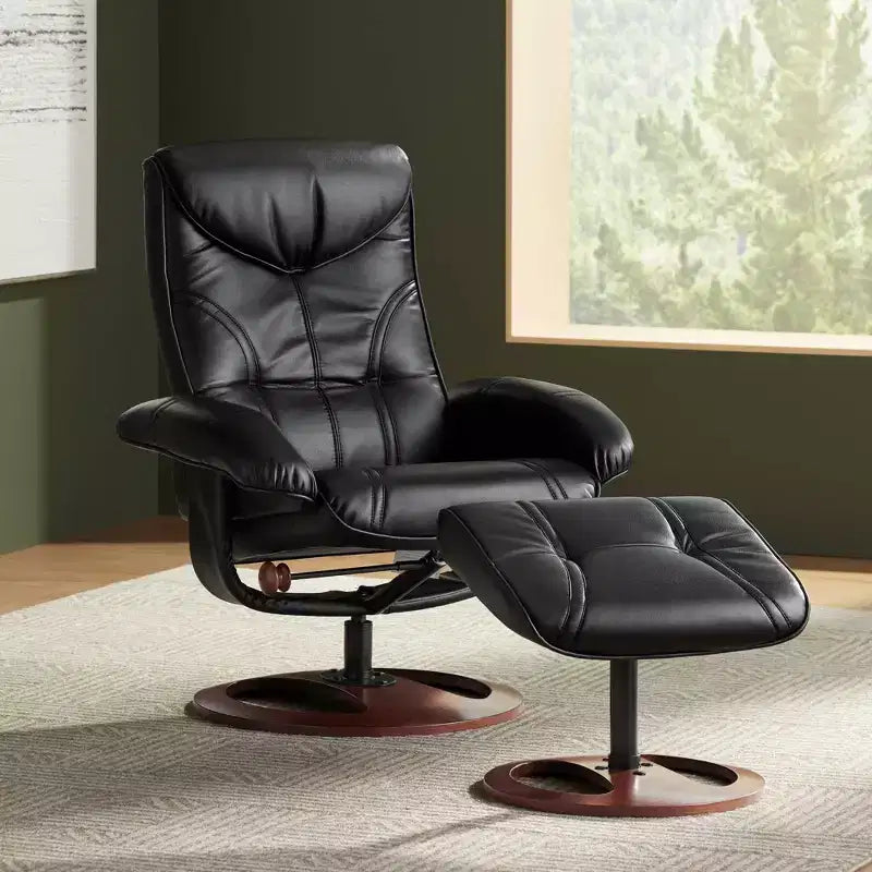 Poltrona reclinabile in pelle girevole BenchMaster Black con pouf, poltrona moderna, reclinabile manuale ergonomica, regolabile per camera da letto e soggiorno