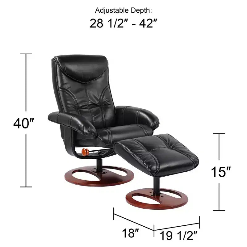 Poltrona reclinabile in pelle girevole BenchMaster Black con pouf, poltrona moderna, reclinabile manuale ergonomica, regolabile per camera da letto e soggiorno