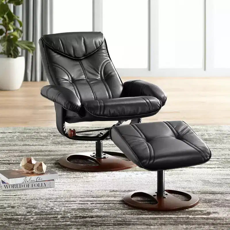 Poltrona reclinabile in pelle girevole BenchMaster Black con pouf, poltrona moderna, reclinabile manuale ergonomica, regolabile per camera da letto e soggiorno