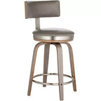 Studio 55D Tilden Wood Swivel Bar Stool Brown 26 High Mid Century Modern Gray Leather Cushion with Backrest Footrest for Kitchen Counter Height Home