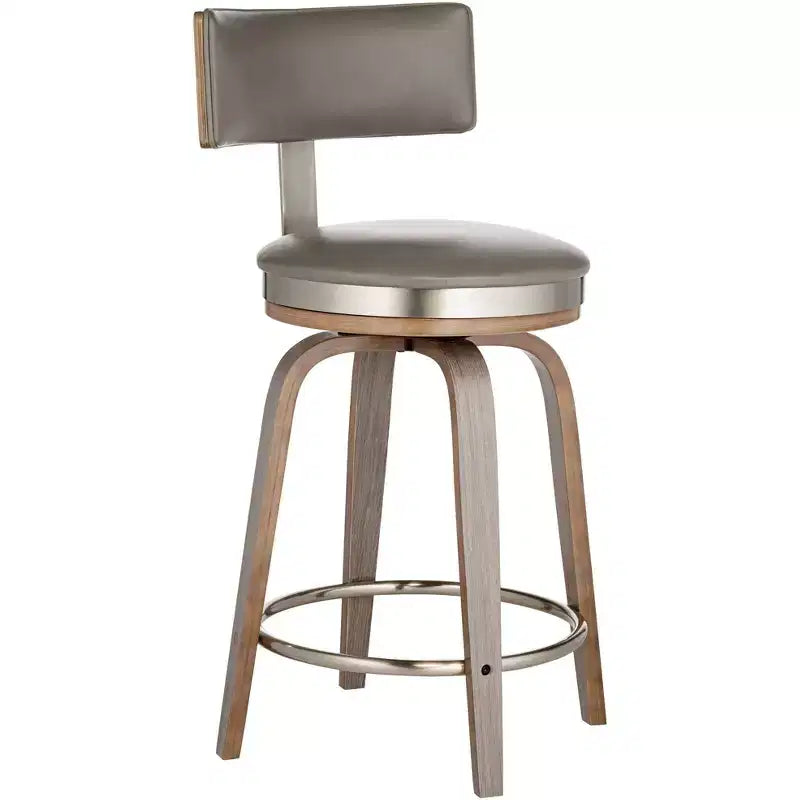 Studio 55D Tilden Wood Swivel Bar Stool Brown 26 High Mid Century Modern Gray Leather Cushion with Backrest Footrest for Kitchen Counter Height Home