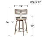 Studio 55D Sgabello da bar girevole Tilden Wood Marrone 26" alto, cuscino in pelle grigia, stile moderno di metà secolo, con schienale e poggiapiedi, per bancone cucina, altezza standard per la casa