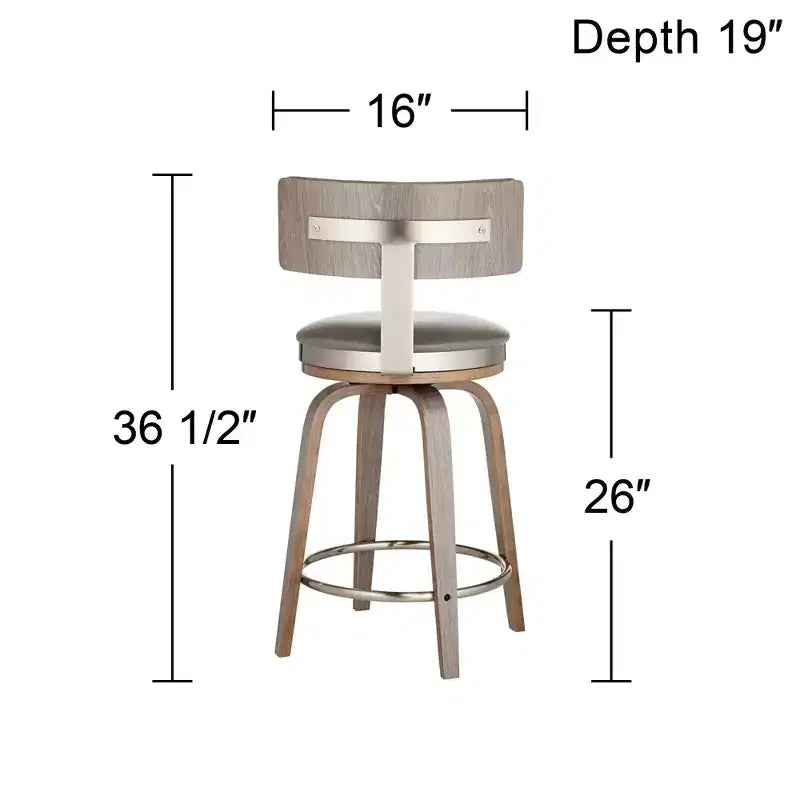 Studio 55D Sgabello da bar girevole Tilden Wood Marrone 26" alto, cuscino in pelle grigia, stile moderno di metà secolo, con schienale e poggiapiedi, per bancone cucina, altezza standard per la casa