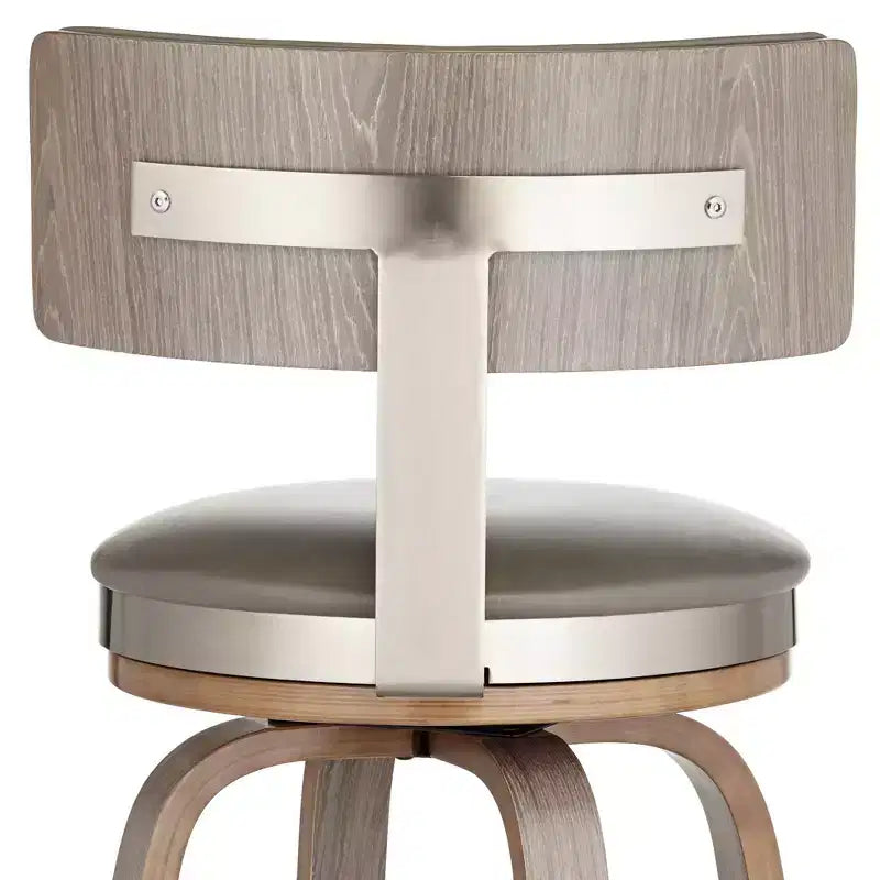 Studio 55D Sgabello da bar girevole Tilden Wood Marrone 26" alto, cuscino in pelle grigia, stile moderno di metà secolo, con schienale e poggiapiedi, per bancone cucina, altezza standard per la casa