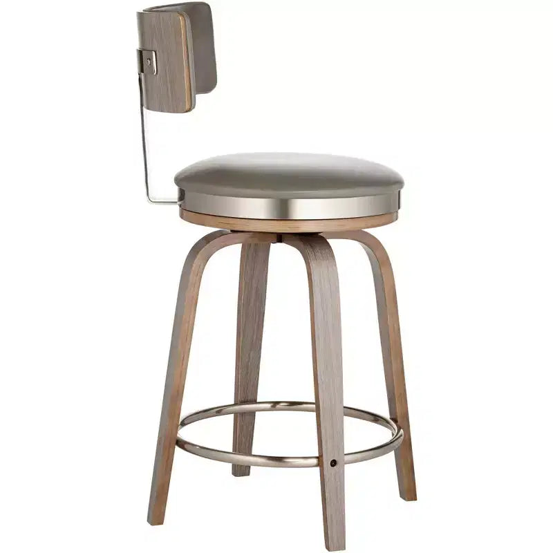 Studio 55D Sgabello da bar girevole Tilden Wood Marrone 26" alto, cuscino in pelle grigia, stile moderno di metà secolo, con schienale e poggiapiedi, per bancone cucina, altezza standard per la casa