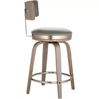 Studio 55D Sgabello da bar girevole Tilden Wood Marrone 26" alto, cuscino in pelle grigia, stile moderno di metà secolo, con schienale e poggiapiedi, per bancone cucina, altezza standard per la casa