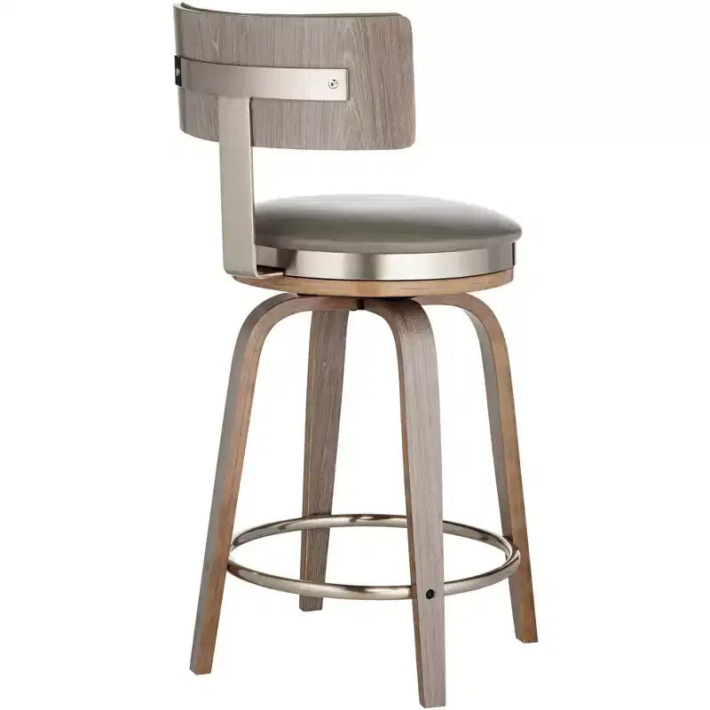 Studio 55D Sgabello da bar girevole Tilden Wood Marrone 26" alto, cuscino in pelle grigia, stile moderno di metà secolo, con schienale e poggiapiedi, per bancone cucina, altezza standard per la casa