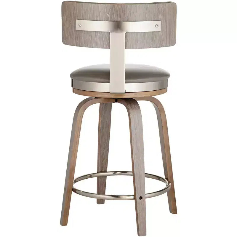 Studio 55D Sgabello da bar girevole Tilden Wood Marrone 26" alto, cuscino in pelle grigia, stile moderno di metà secolo, con schienale e poggiapiedi, per bancone cucina, altezza standard per la casa