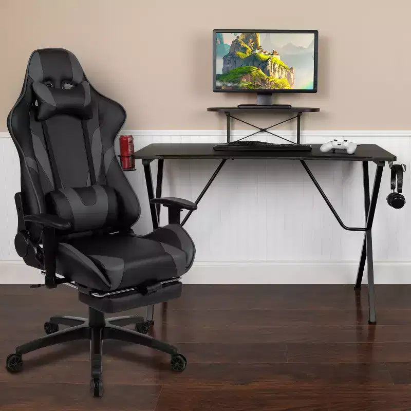 Set Sedia Reclinabile da Gaming Flash Furniture con Scrivania, Poggiapiedi, Portabicchieri, Gancio per Cuffie e Supporto per Monitor/Smartphone