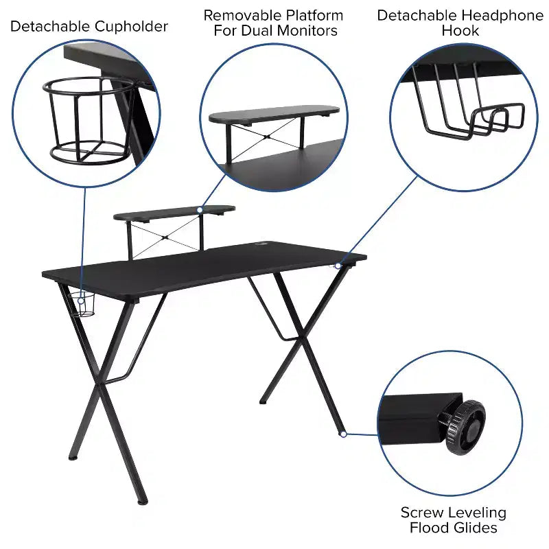 Set Sedia Reclinabile da Gaming Flash Furniture con Scrivania, Poggiapiedi, Portabicchieri, Gancio per Cuffie e Supporto per Monitor/Smartphone