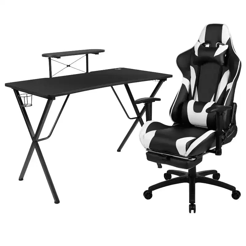 Set Sedia Reclinabile da Gaming Flash Furniture con Scrivania, Poggiapiedi, Portabicchieri, Gancio per Cuffie e Supporto per Monitor/Smartphone