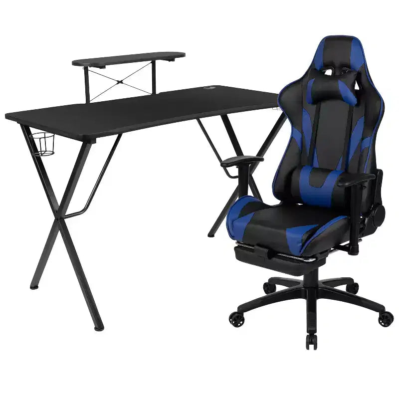 Set Sedia Reclinabile da Gaming Flash Furniture con Scrivania, Poggiapiedi, Portabicchieri, Gancio per Cuffie e Supporto per Monitor/Smartphone