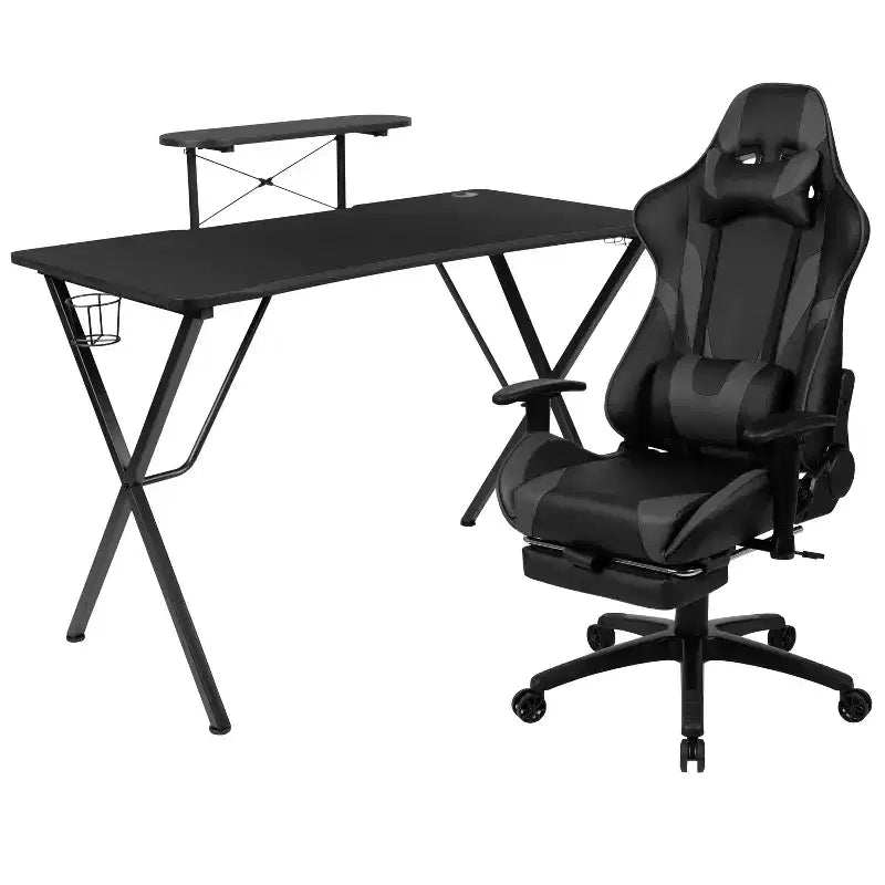 Set Sedia Reclinabile da Gaming Flash Furniture con Scrivania, Poggiapiedi, Portabicchieri, Gancio per Cuffie e Supporto per Monitor/Smartphone