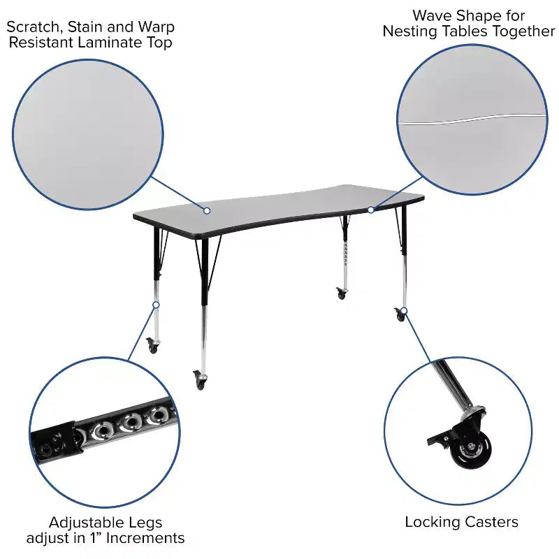 Flash Furniture Tavolo Attività Rettangolare Mobile 26W x 60L a Onda Flessibile Collaborativo in Laminato Termico - Gambe Regolabili ad Altezza Standard