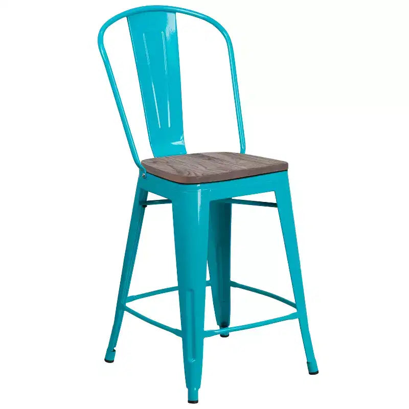 Emma and Oliver 24H Metal Counter Height Stool with Back and Wood Seat