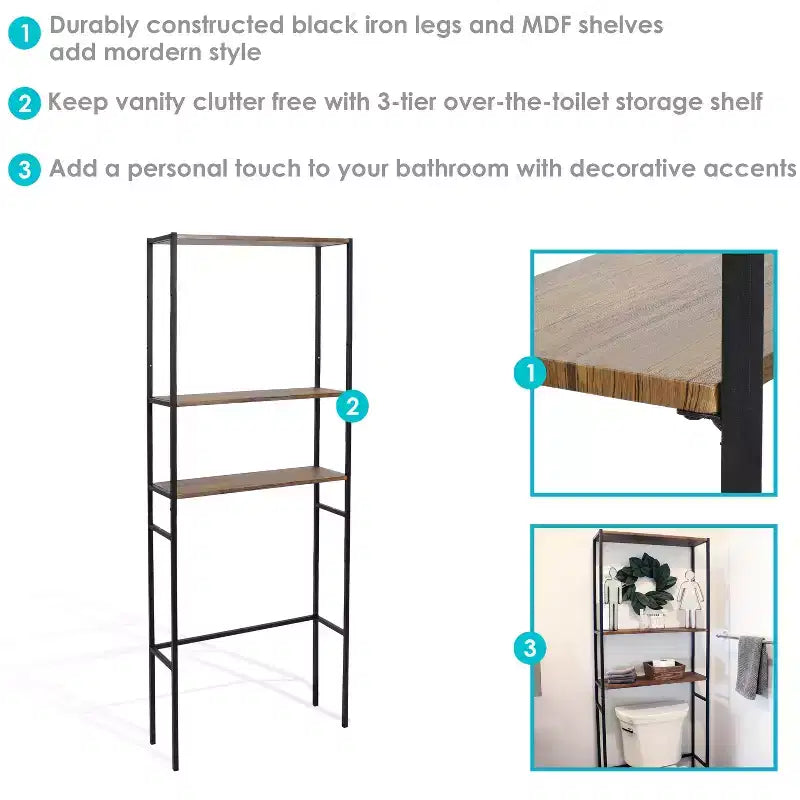 Sunnydaze Scaffale a 3 Ripiani in Ferro e Impiallacciatura da Sovra-WC Etagere Mobiletto Contenitore da Bagno Salvaspazio - Teak